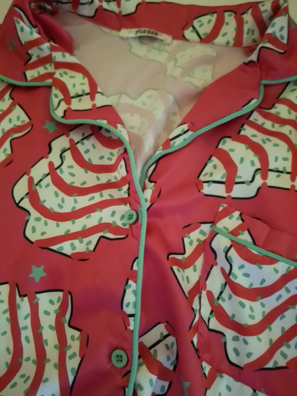Women's Bright Pink Short Pajama Set Featuring Christmas Tree Cakes